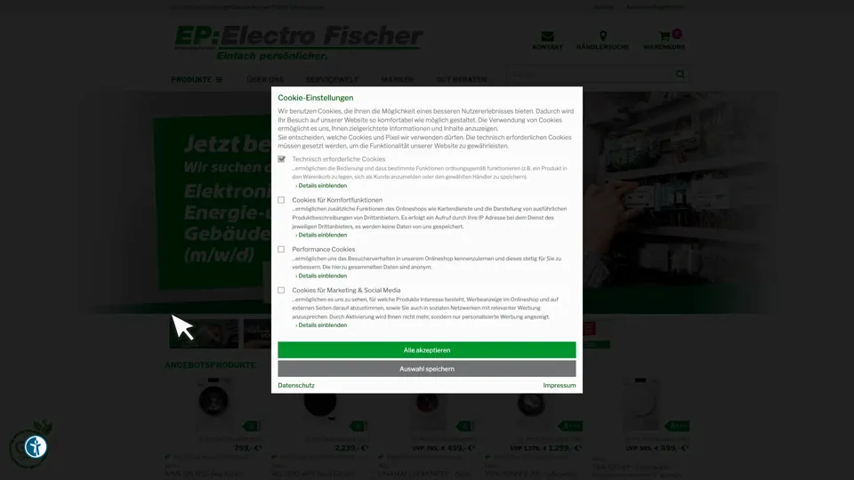 Das Bild zeigt die Webseite www.ep.de mit einem aktiven danova Assistant, der geöffnet und wieder geschlossen wird.