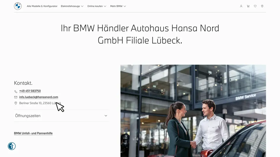 Das Bild zeigt die Webseite https://www.hansanord.bmw mit einem aktiven danova Assistant, der geöffnet und wieder geschlossen wird.