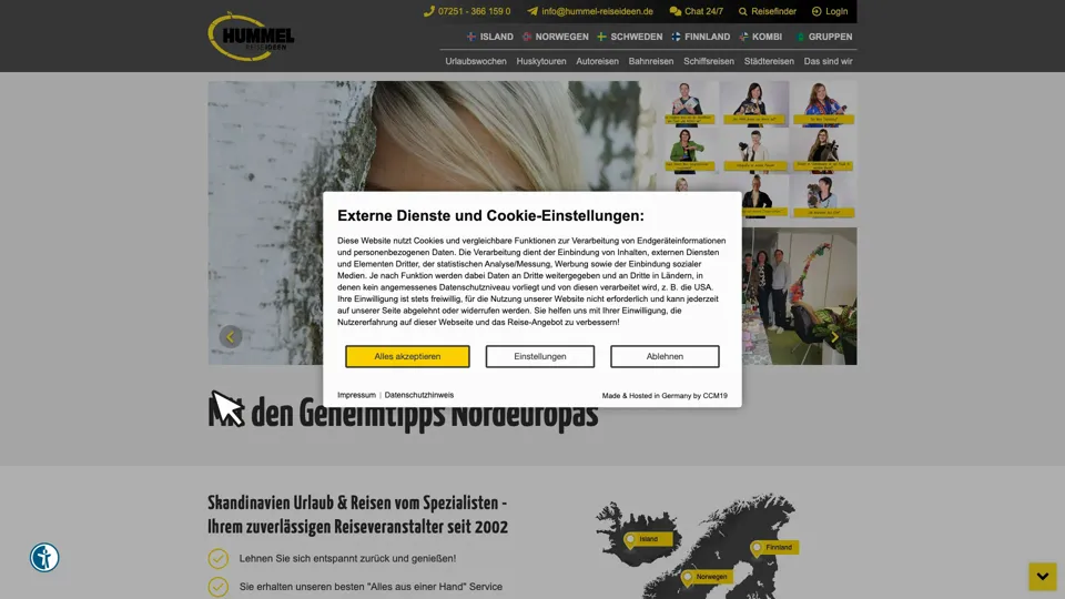 Das Bild zeigt die Webseite www.hummel-reiseideen.de mit einem aktiven danova Assistant, der geöffnet und wieder geschlossen wird.