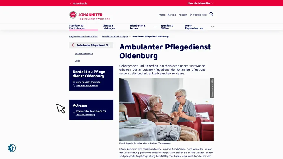 Das Bild zeigt die Webseite www.johanniter.de mit einem aktiven danova Assistant, der geöffnet und wieder geschlossen wird.