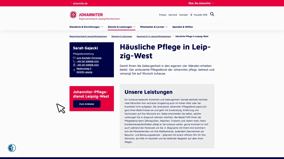 Das Bild zeigt die Webseite www.johanniter.de mit einem aktiven danova Assistant, der geöffnet und wieder geschlossen wird.