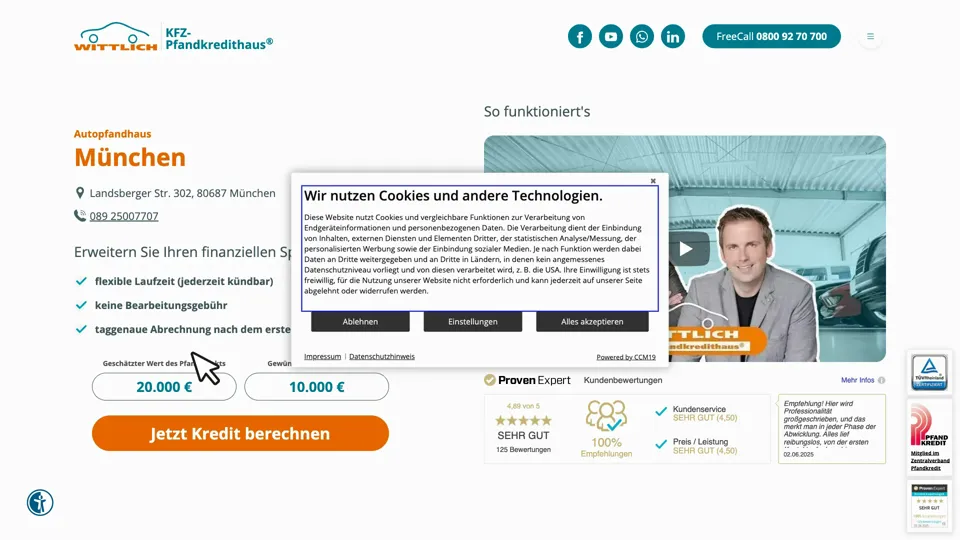 Das Bild zeigt die Webseite www.kfz-pfandkredithaus.de mit einem aktiven danova Assistant, der geöffnet und wieder geschlossen wird.