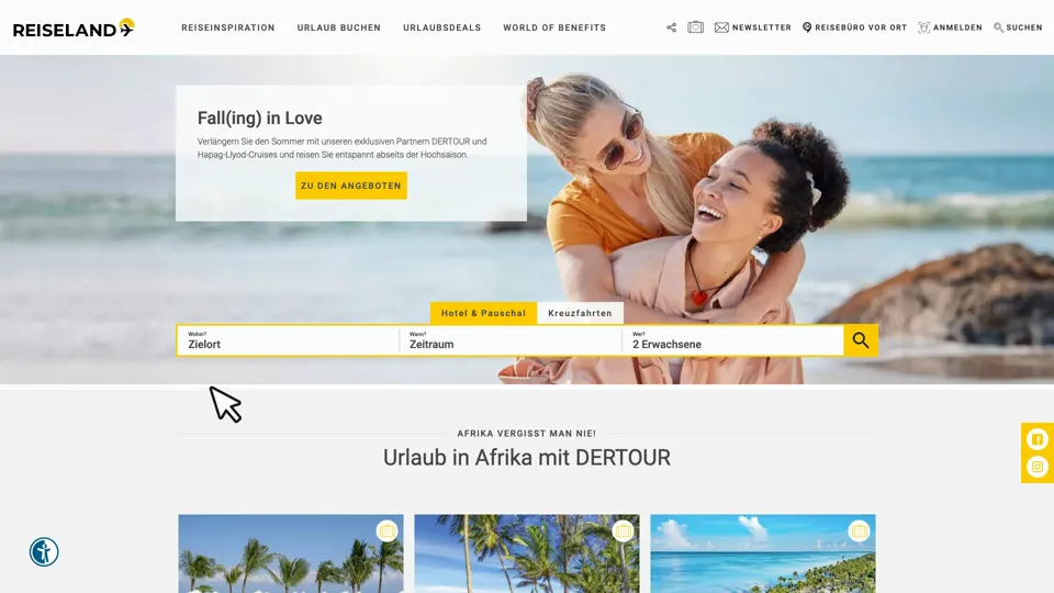 Das Bild zeigt die Webseite https://www.reiseland.de/ mit einem aktiven danova Assistant, der geöffnet und wieder geschlossen wird.