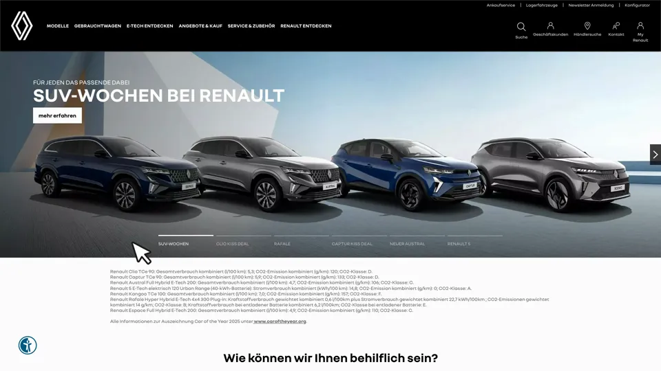 Das Bild zeigt die Webseite www.renault.de mit einem aktiven danova Assistant, der geöffnet und wieder geschlossen wird.