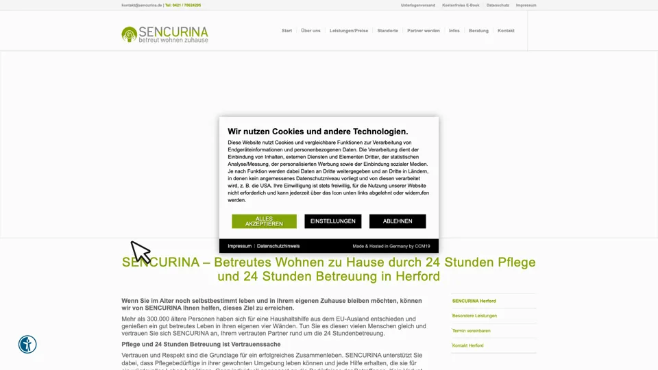 Das Bild zeigt die Webseite https://www.sencurina.de/standorte/herford/ mit einem aktiven danova Assistant, der geöffnet und wieder geschlossen wird.