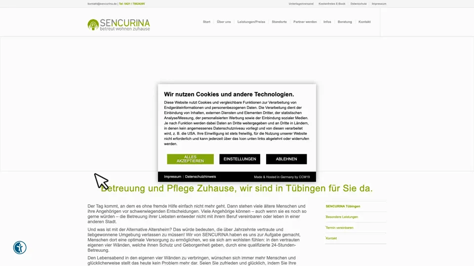 Das Bild zeigt die Webseite https://www.sencurina.de/tuebingen mit einem aktiven danova Assistant, der geöffnet und wieder geschlossen wird.