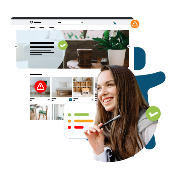 Person mit langen Haaren hält einen Stift; im Hintergrund eine Webseite mit grünen Haken, gelben Fehlern und roten Warnsymbolen.