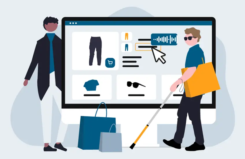 Zwei gezeichnete Personen stehen vor einem großen Bildschirm auf dem ein barrierefreier Online-Shop zu sehen ist. Eine der Personen hat eine Seheinschränkung und trägt eine Einkaufstasche.