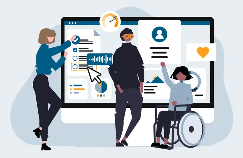 Drei gezeichnete Figuren mit unterschiedlichen Einschränkungen, die zufrieden vor einem großen Bildschirm mit einer Webseite stehen. Die Webseite ist für jeden individualisierbar.