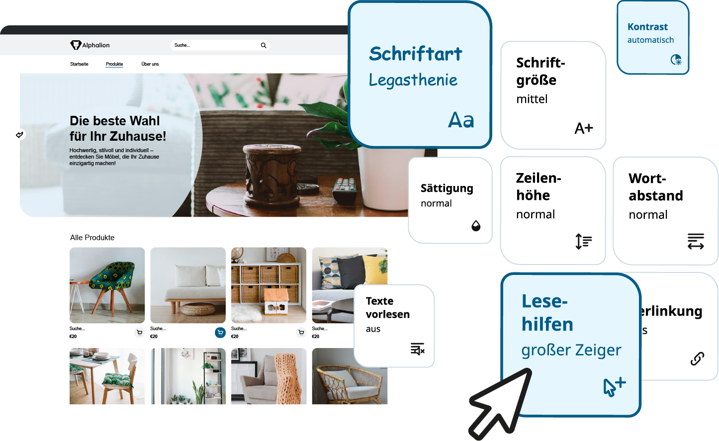 Unterschiedliche Funktionskacheln werden über dem Layout eines Online-Shops angezeigt. Darunter die Funktion zur Schriftartanpassung und zum Vorlesen von Texten.