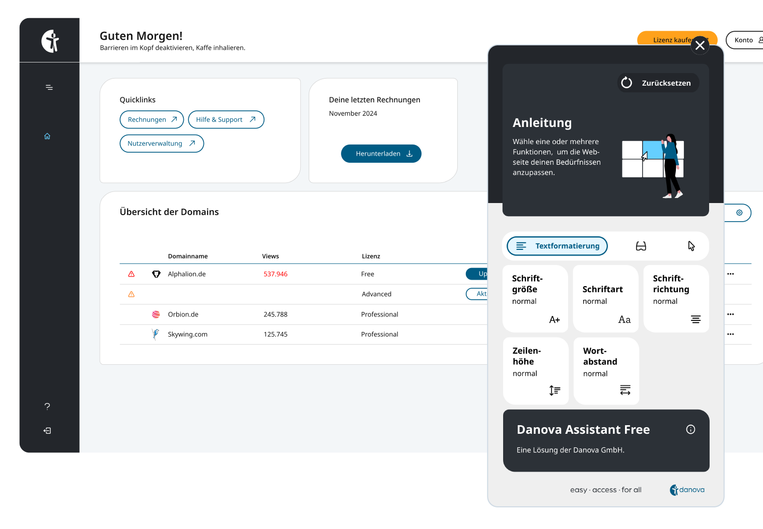 Eine Darstellung des aufgeräumten Dashboard-Layouts der Lösung, sowie das schlichte Tool mit seinen unterschiedlichen Funktionen.