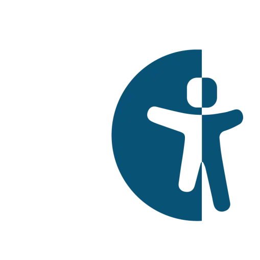 Logo-Teil mit stilisiertem blauen Menschensymbol in halbkreisförmiger Fläche
