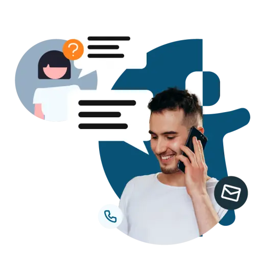 Mann mit Telefon und weitere Person mit Sprechblase mit Fragezeichen – Dialog, Telefon- und E-Mail-Symbole