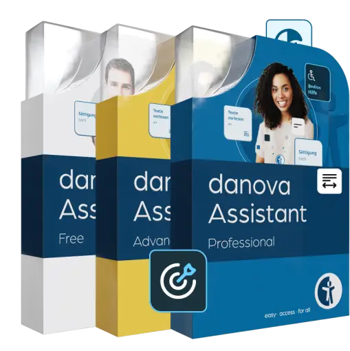Visualisierung der drei digitalen Produktboxen des danova Assistant Free, Advanced und Professional