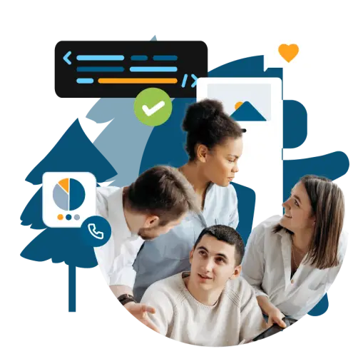 Vier Personen vor grafischen Elementen wie Bäumen, Symbolen und Codeblöcken