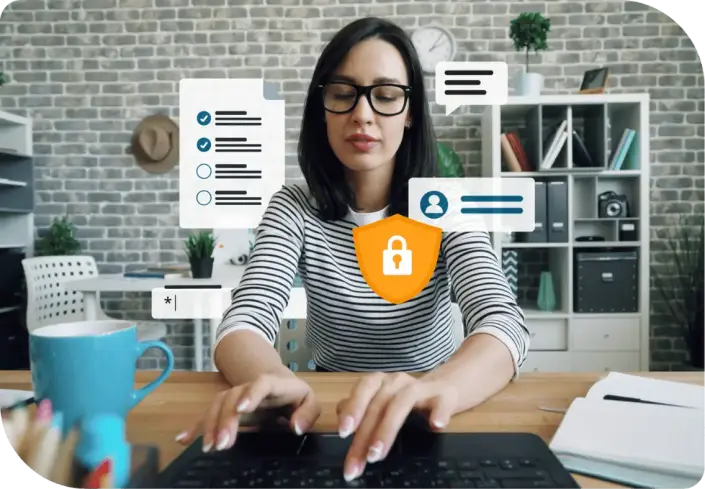 Person sitzt am Schreibtisch und tippt auf Laptop, umgeben von Symbolen für Datenschutz und Kommunikation.