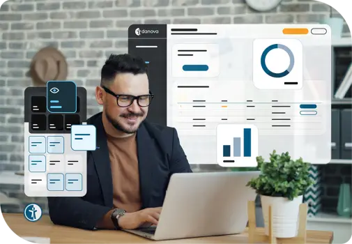 Mann sitzt an Laptop; vor ihm Illustration des danova Assistant Widgets, hinter ihm Illustration des danova Dashboards.