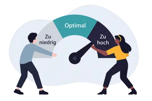 Zwei Menschen kämpfen mit einer Kontrastanzeige, die zwischen zu niedrig und zu hoch schwankt.