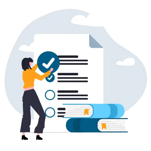 Eine Person steht neben einem großen Dokument mit einer Checkliste und hält ein Häkchen. Im Vordergrund liegt ein Stapel Gesetzesbücher.