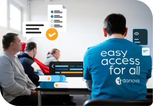 Personen sitzen an Tisch; eine Person trägt blaues T-Shirt mit Slogan ‚Easy Access for All‘ und danova-Logo; im Hintergrund Grafiken mit Checkliste, Gesetzesbüchern und Codezeile.