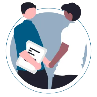 Zwei Personen schütteln sich die Hand, eine hält ein Klemmbrett